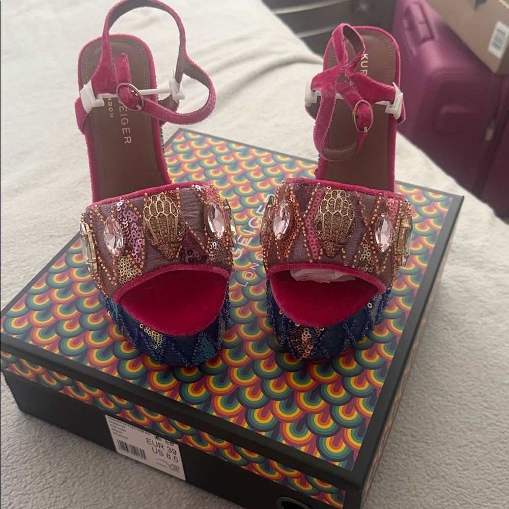 Kurt Geiger Vibrant Pink and Blue Embellished Heels - Picture 4 of 5